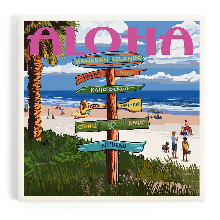 CERAMIC COASTER Hawaiian Islands, Destination Signpost for wholesale by Lantern Press