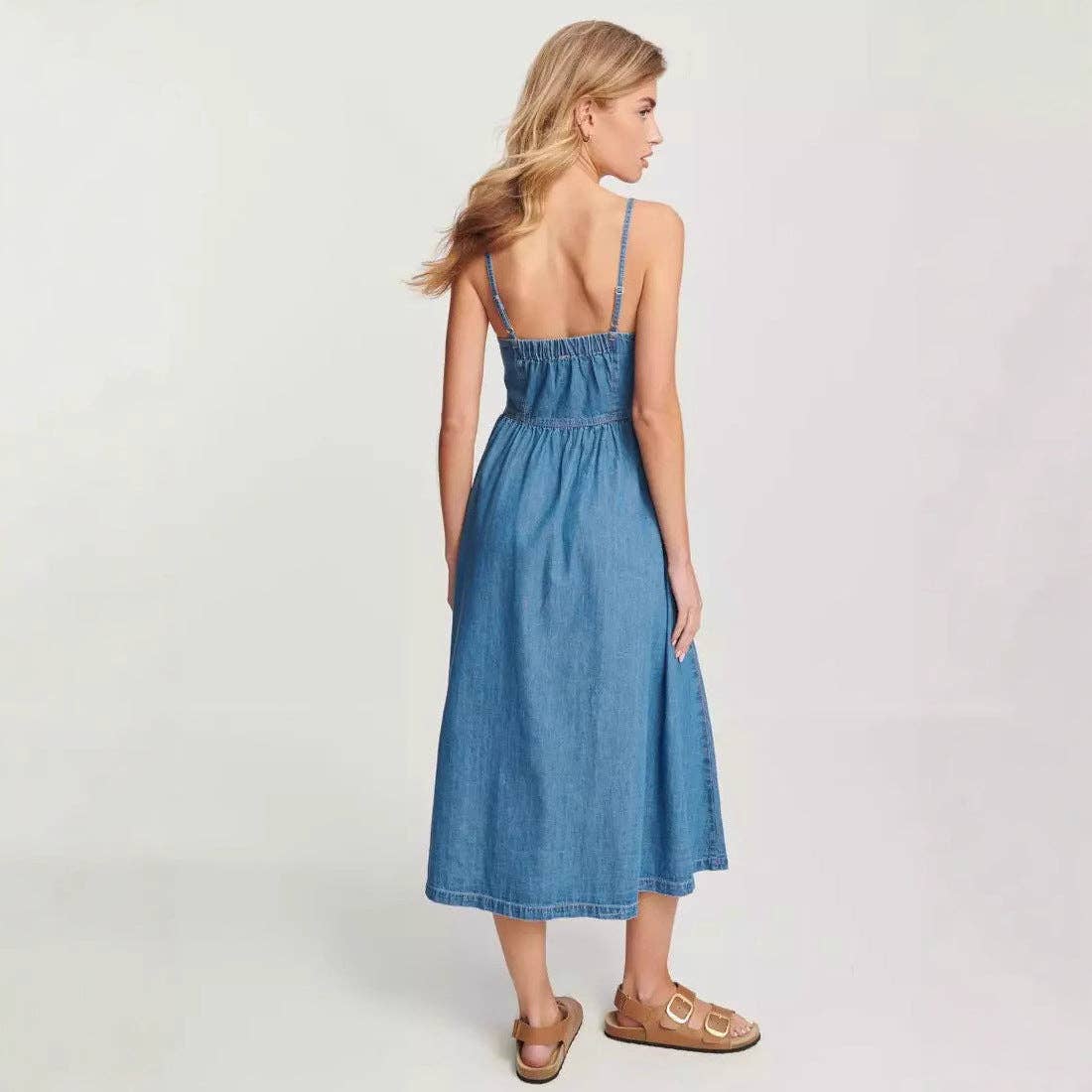Blue Denim Simple Button Spaghetti Midi Dress DP25A529 for wholesale on Faire1