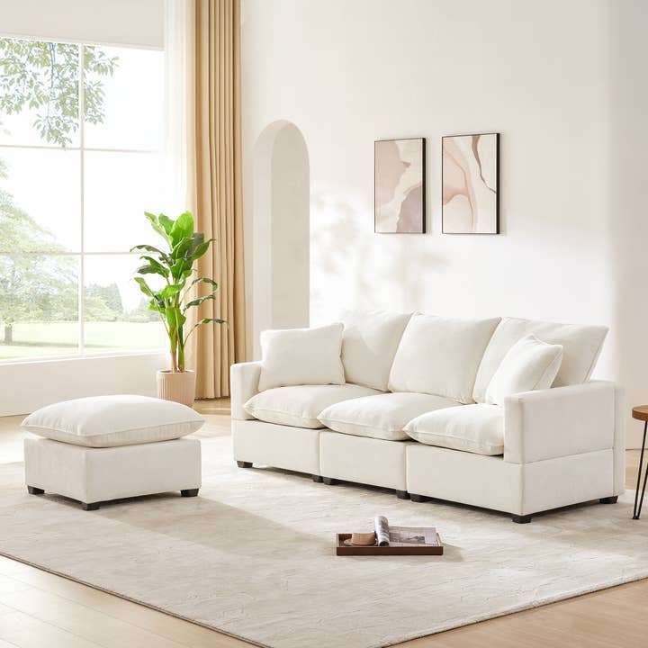 White Modern Modular 4-Seat Chenille Sectional Sofa with 2 Pillows for wholesale on Faire