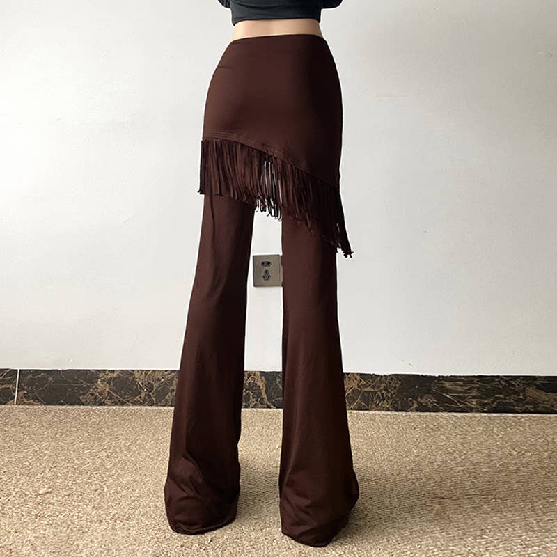 BROWN SOLID COLOR CASUAL BELL BOTTOMS WITH FRINGE DROP for wholesale on Faire4
