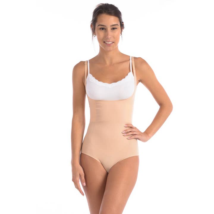 Bär din egen BH Bodysuit shaper med riktad dubbel frontpanel naken för wholesale av Body Beautiful Shapewear
