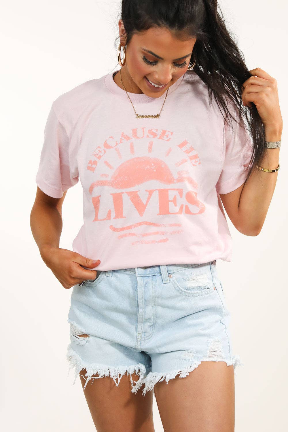 Faith Collective – wholesale Screen printed t-shirt – Women′s – Because He Lives Graphic Tee1