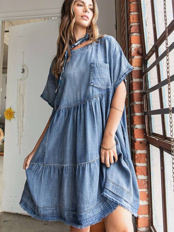 WASHED CHAMBRAY DENIM OVERSIZED TIER MINI DRESS for wholesale on Faire