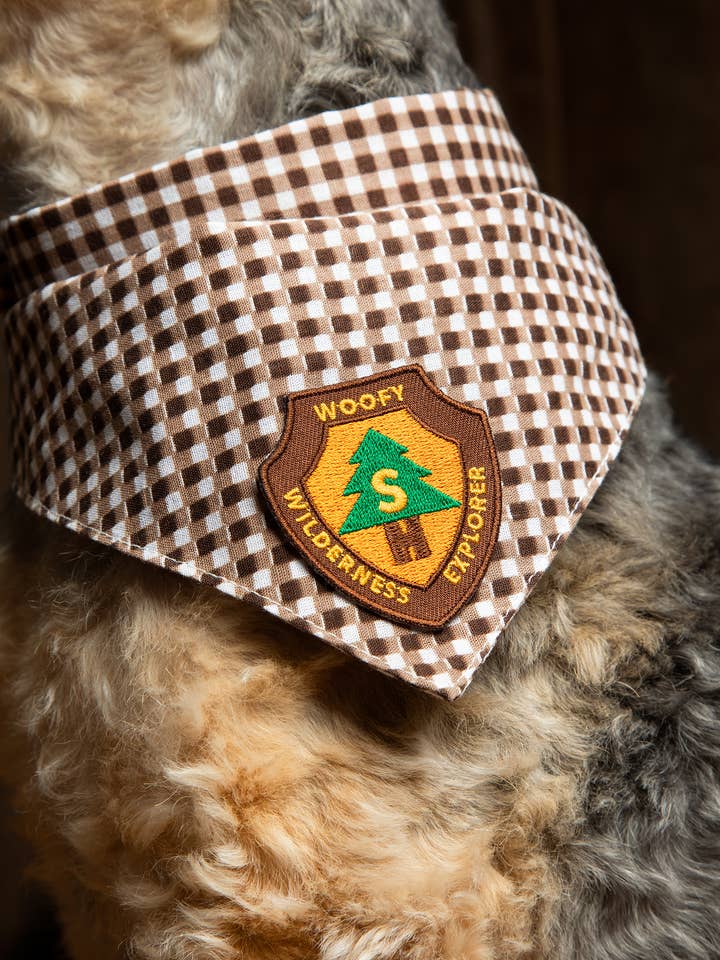 Woofy Wilderness Explorer iron-on patch for dogs for wholesale by Scout's Honour Pty Ltd