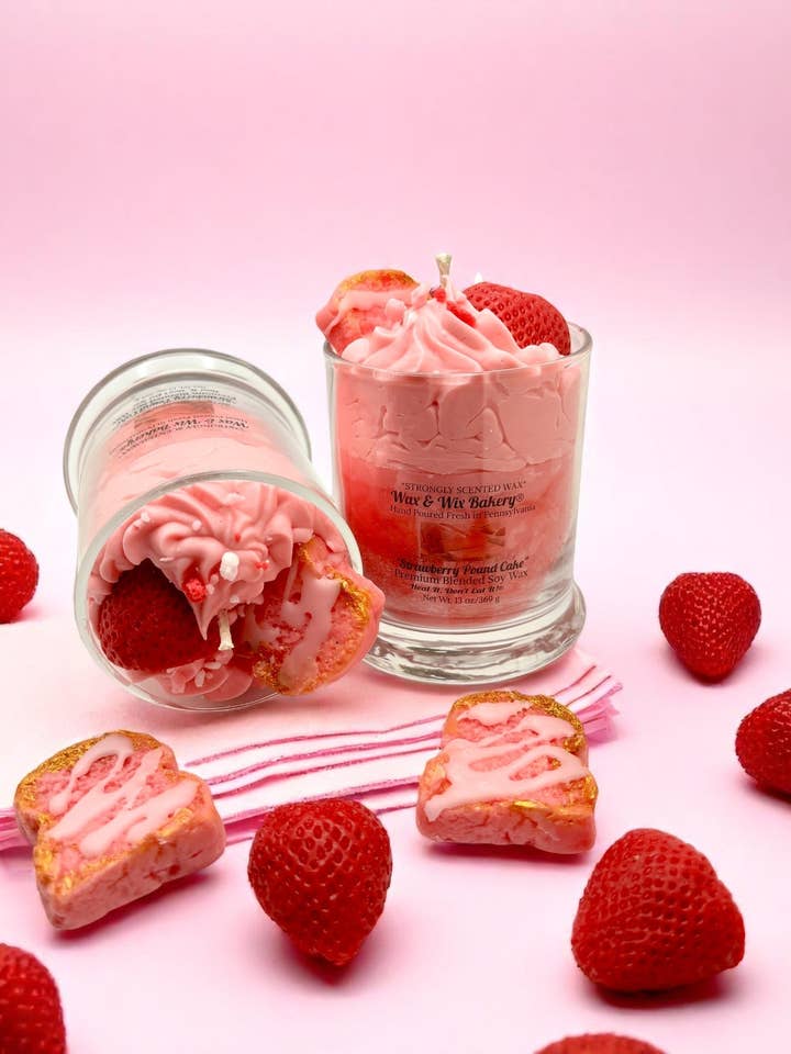 Strawberry Pound Cake Candle. 13 oz. Large Dessert Candle for wholesale by Wax and Wix Bakery®