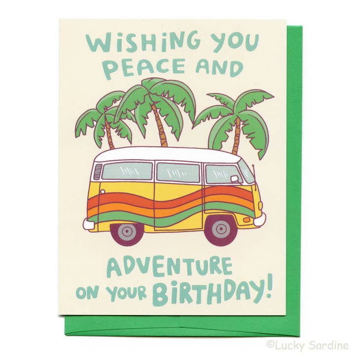 Hippie Van Palm Tree & Adventure, Rainbow Birthday Card! for wholesale by Lucky Sardine
