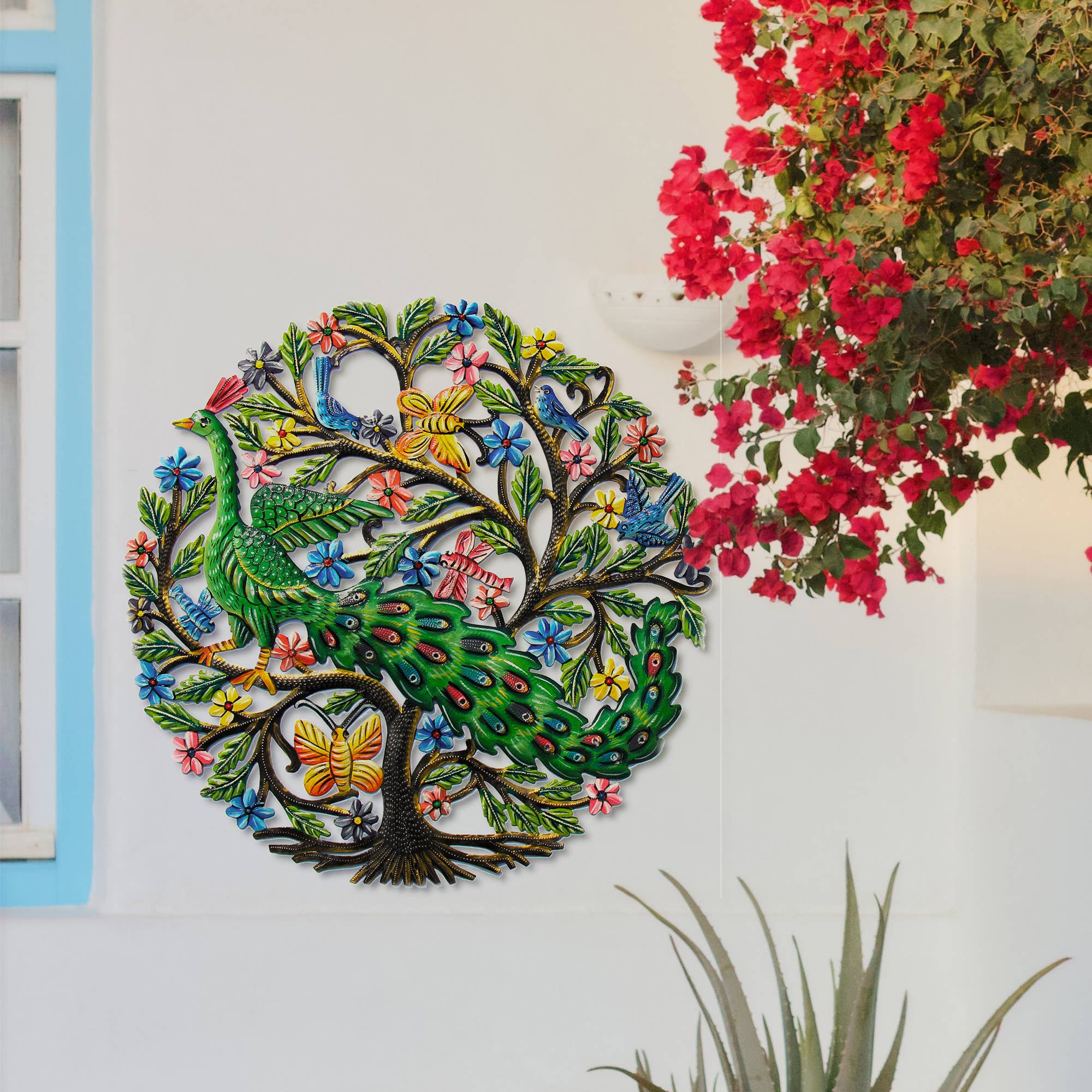 Global Crafts - Wholesale Wall Accent - Peacock in Tree Painted Haitian Metal Drum Wall Art3