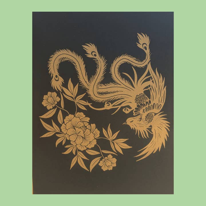 Christina Hu - Wholesale Art Print - Phoenix and Peony Flowers | 8.5"x11" Risograph print