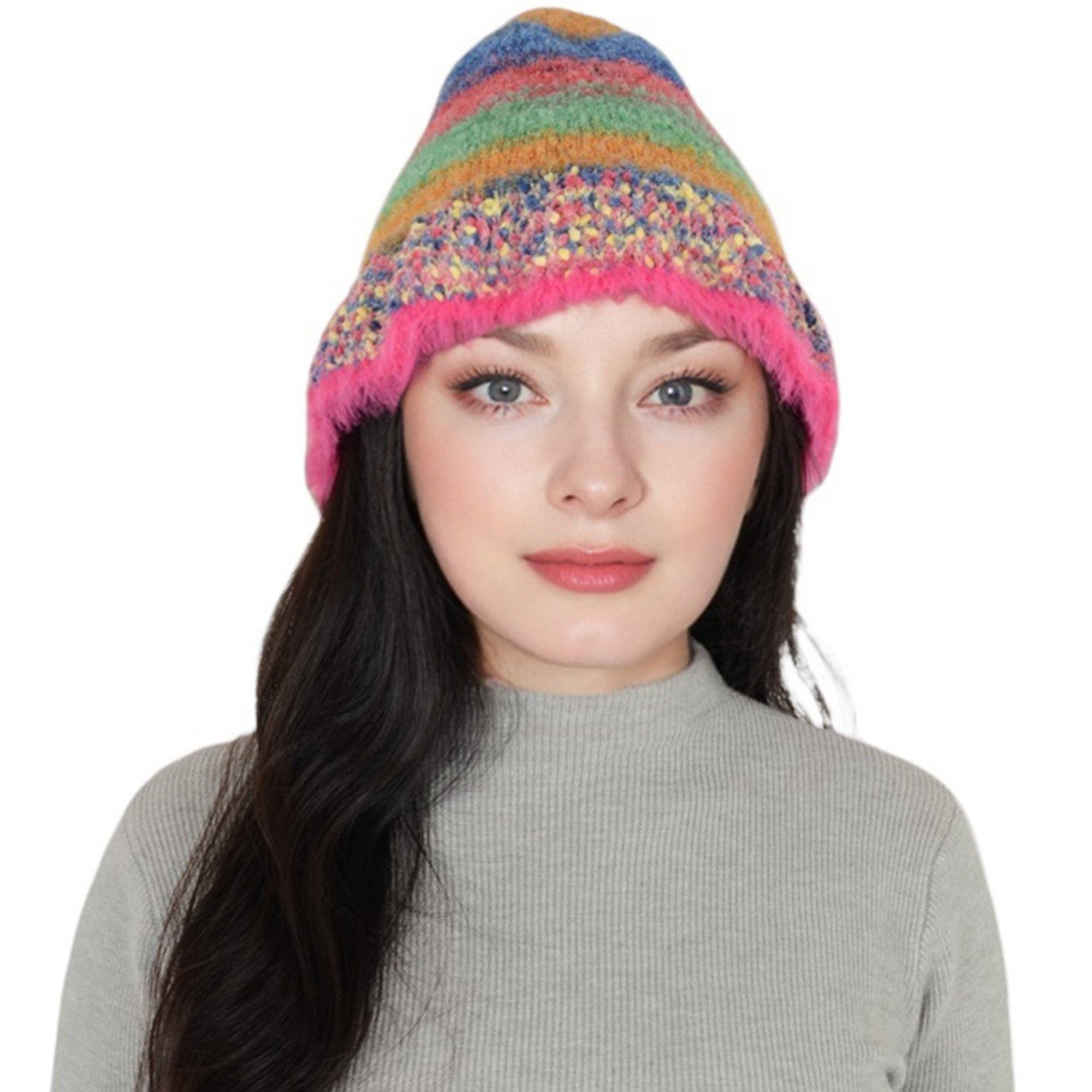 AK Brand – wholesale Bucket hat – Women's – Colorful Striped Knit Bucket Hat Fluffy Winter Fisherman Hat1