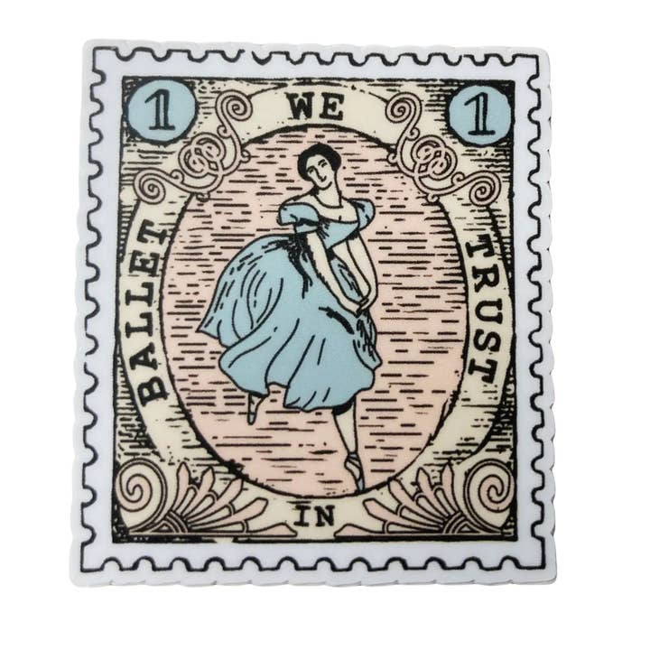 In Ballet We Trust Stamp Vinyl Sticker, 1.7" x 2" for wholesale by Denali & Co.