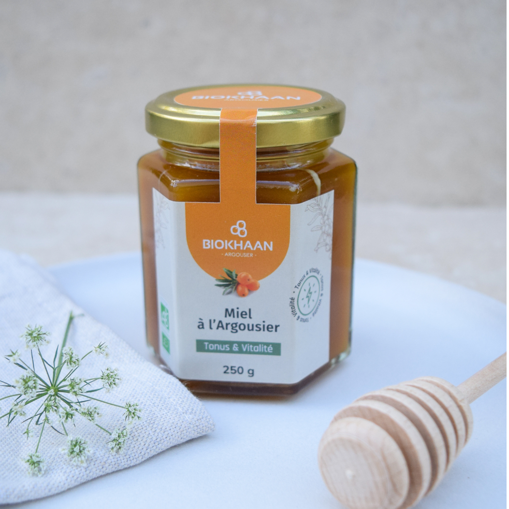 BIOKHAAN - Wholesale Honey - ORGANIC SEABUCKTHORN HONEY 250 GR / TONUS ET VITALITÉ1