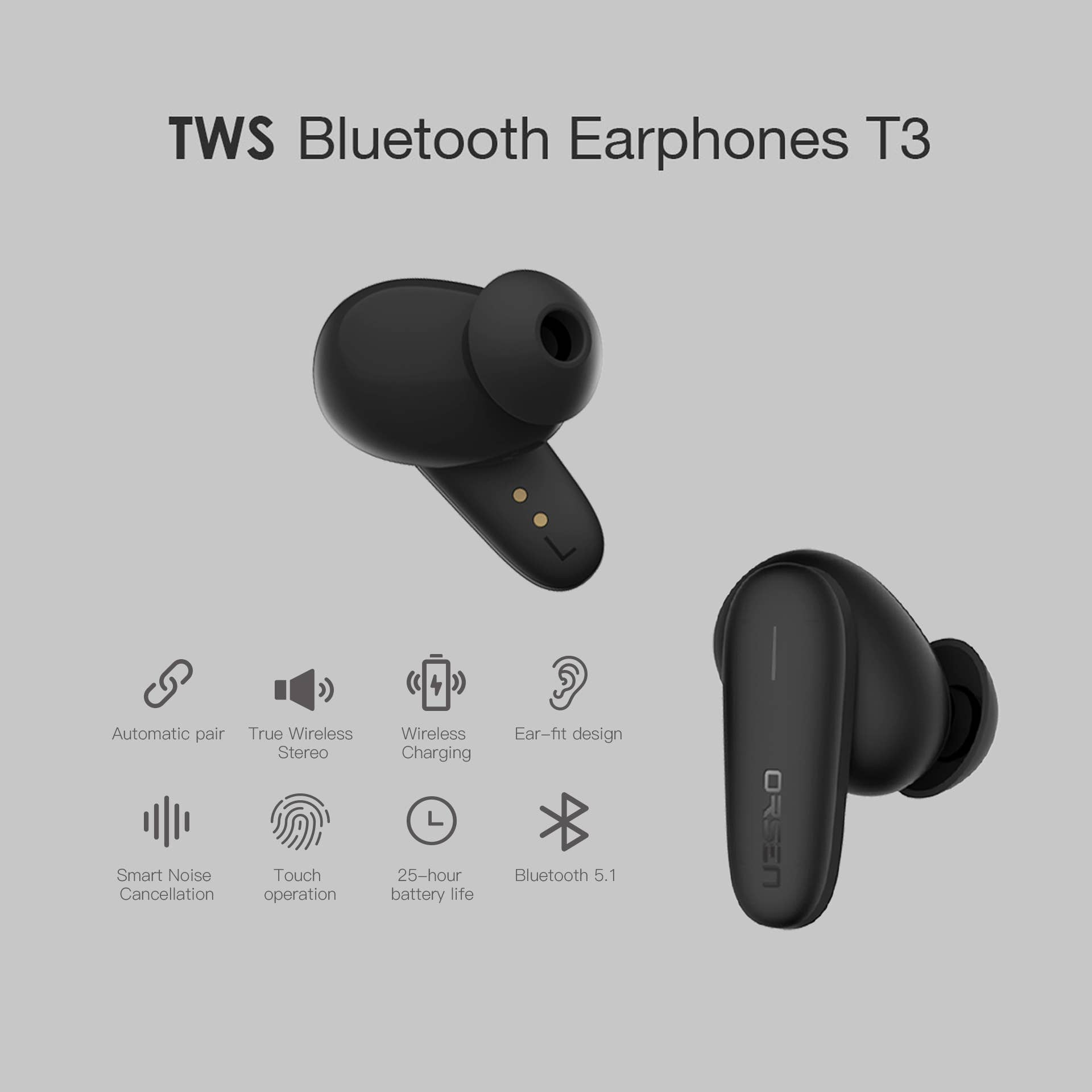 White TWS Bluetooth Earphone ORSEN T3 with wireless charging case, for wholesale on Faire2