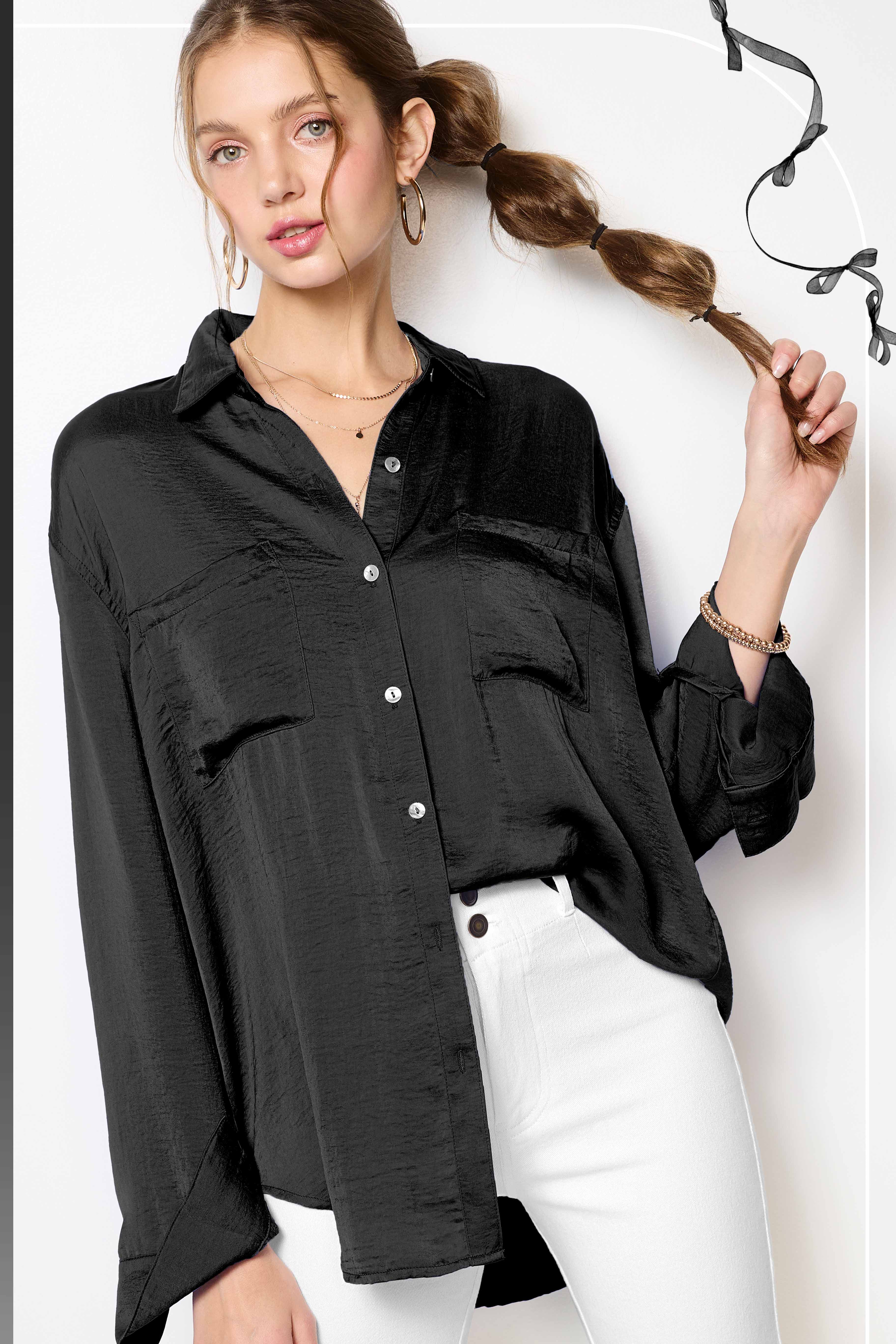 La Miel - Wholesale Button Down Shirt - Women's - SRT7452-Silky and Flowy Button Down Long Sleeve Shirts21
