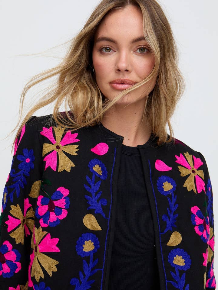 Halen Quilted Embroidered Jacket In Black for wholesale by Raffya