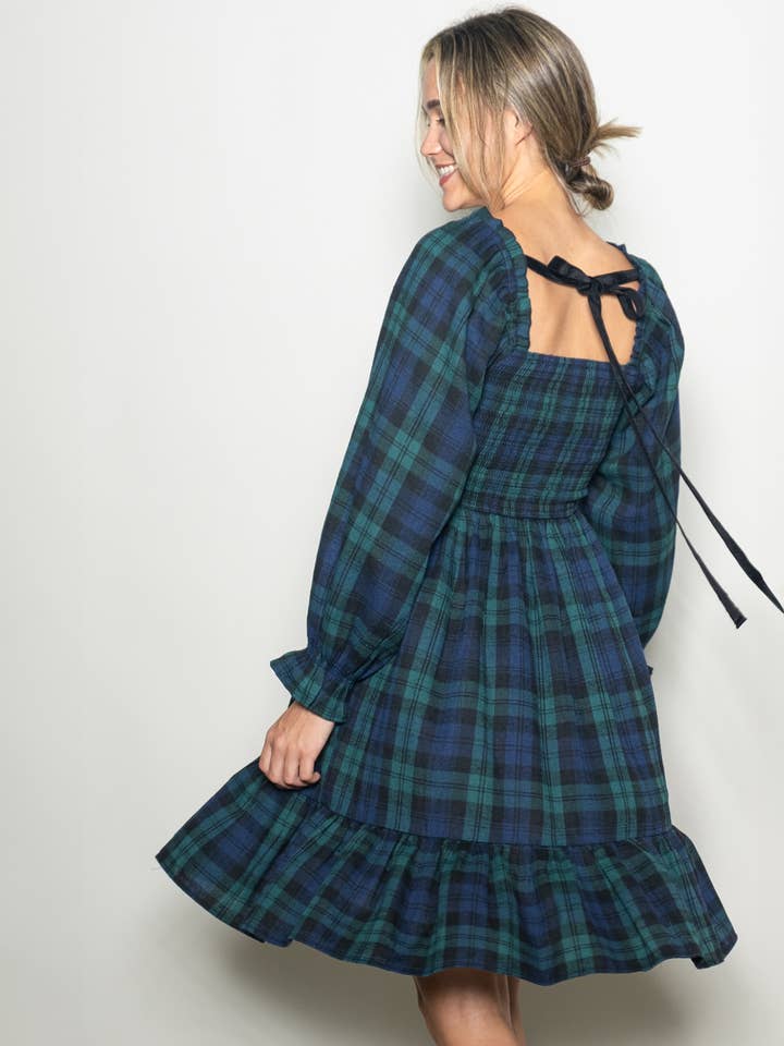 Elloh Collection - Wholesale Dress - Women's - Long Sleeve Back Tie Smocked Chest Plaid Flannel Dress8