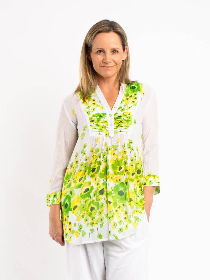 Pleated Top In Lime Yellow Poppies for wholesale by Mozaic by Euro Dreaming