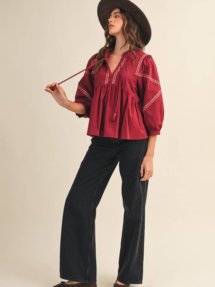 &MERCI - Wholesale Blouse - Women's - EMBROIDERY TRIM BABYDOLL BLOUSE MTP414612