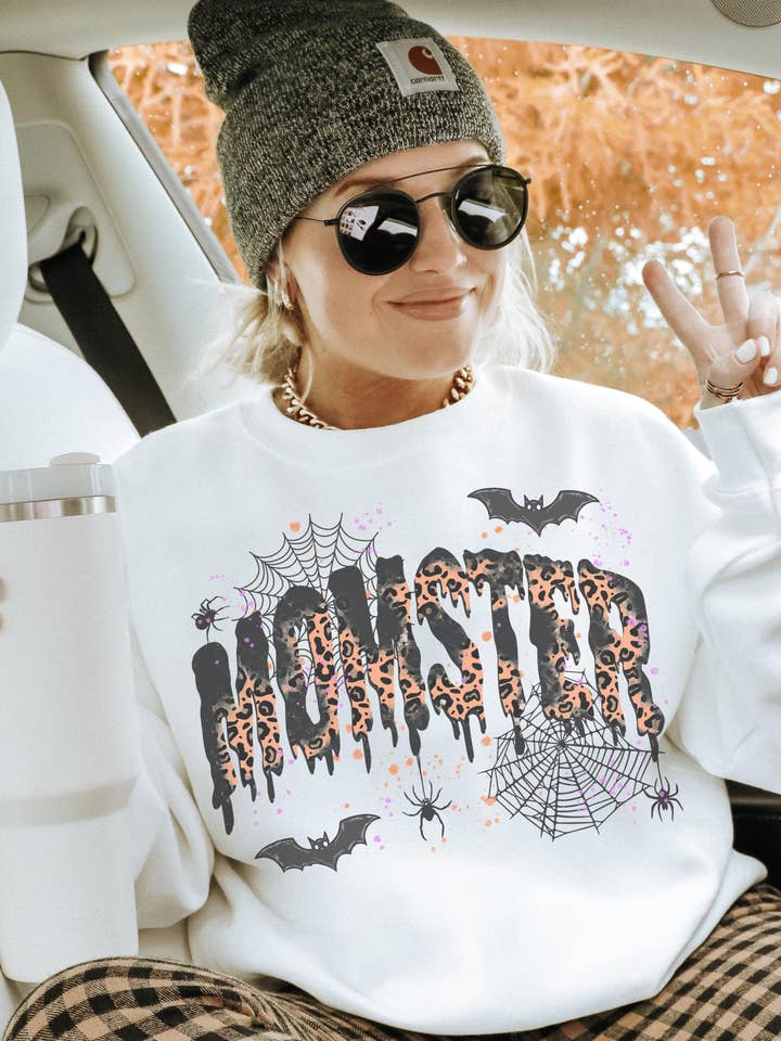 Momster Halloween Crewneck with Leopard & Spiderweb for wholesale by Monday Muse