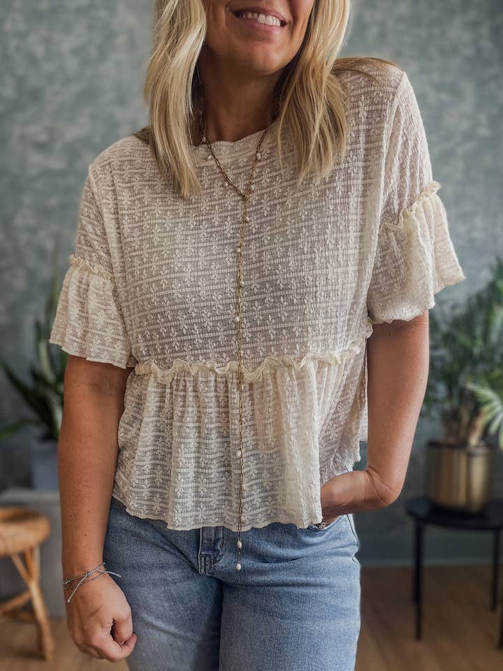 Beige Solid Color Textured Ruffled Short Sleeve Blouse for wholesale on Faire