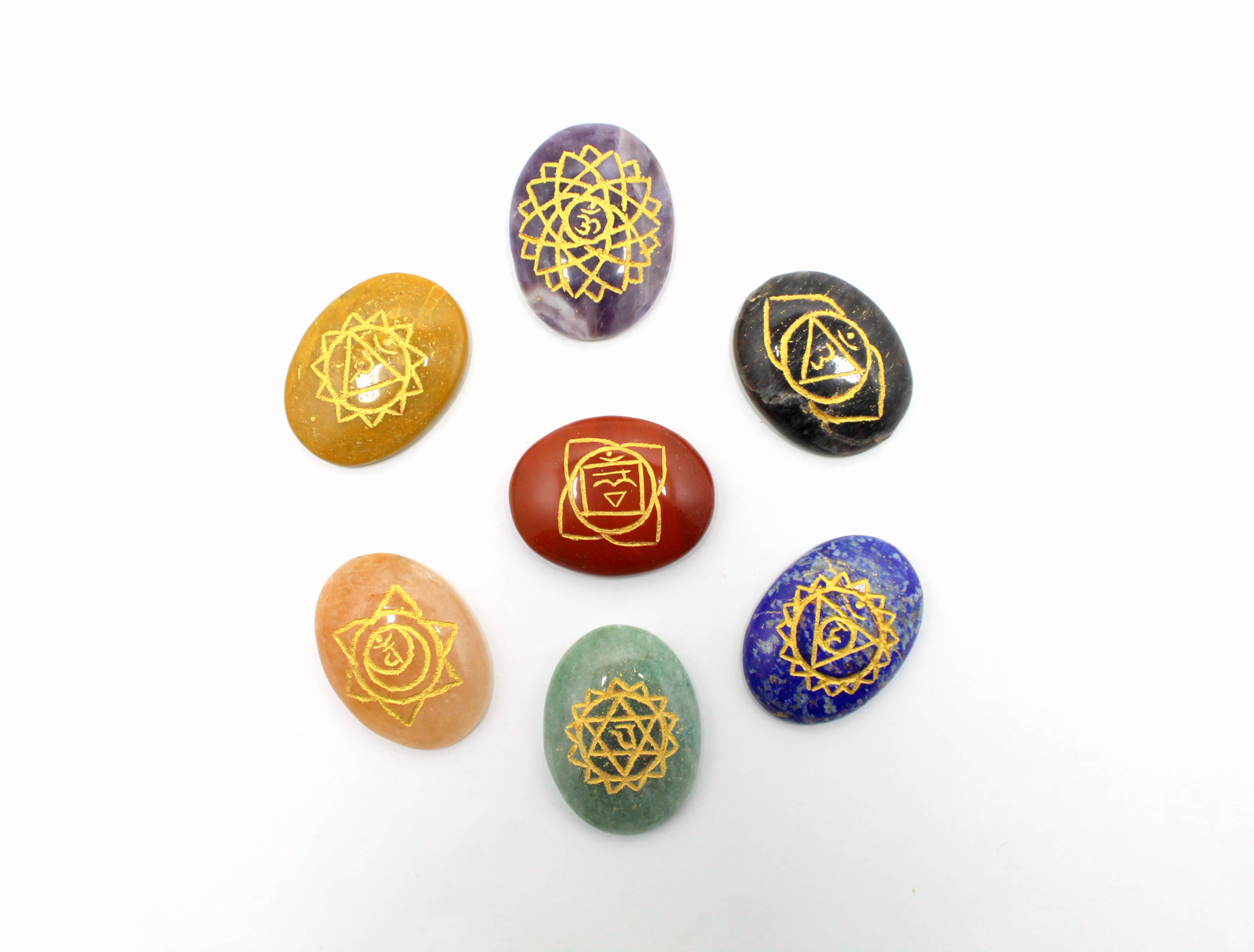 Aura Vibes - Wholesale Spiritual Stone/Crystal - 7 Chakra Oval Palm Stone Set of 73