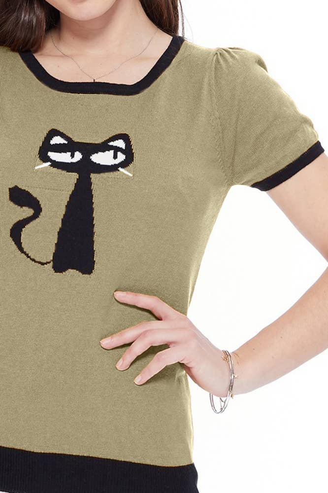 Mak - Wholesale Knit Sweater - Women's - Short Sleeve Crewneck Cat Print Casual T-Shirt Sweater8