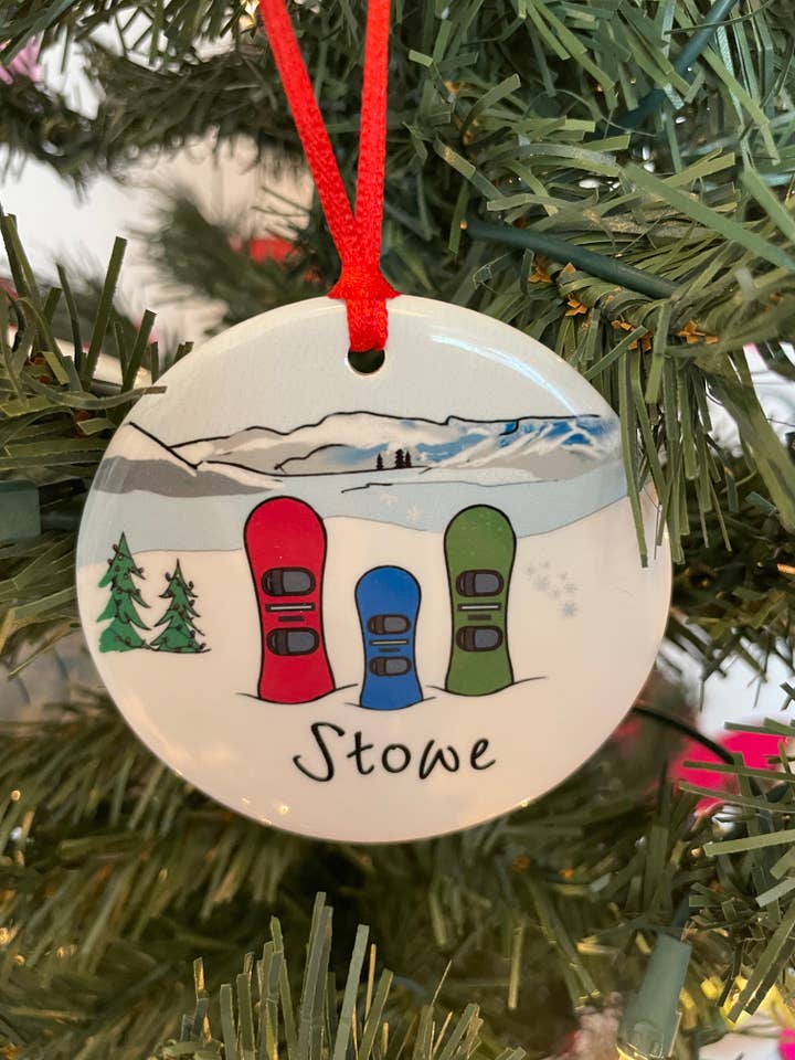 Snowboards, Stowe, Christmas ornament Snowboarding Name Drop for wholesale by philoSophie's Stationery & Gifts