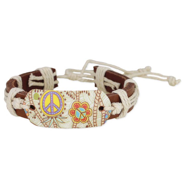 ZAD - Wholesale Woven/braided bracelet - Retro Peace Print Leather Pull Bracelet1