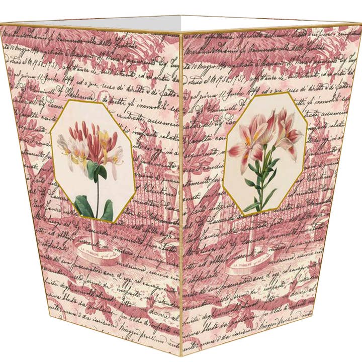 WB296-Pink Lillies on a Rose Toile Wastepaper Basket for wholesale by Marye-Kelley