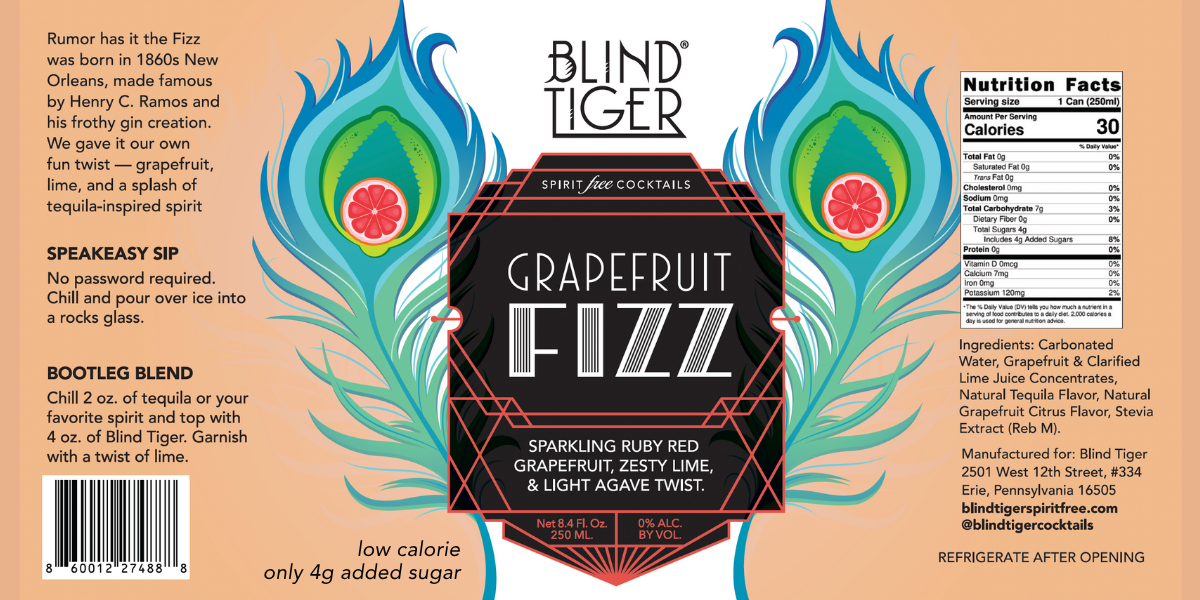 Blind Tiger Spirit-Free Cocktails – wholesale Non-alcoholic aperitif/mocktail – Grapefruit Fizz Non-Alcoholic Cocktail - ONLY 30cal; 4gcarb2