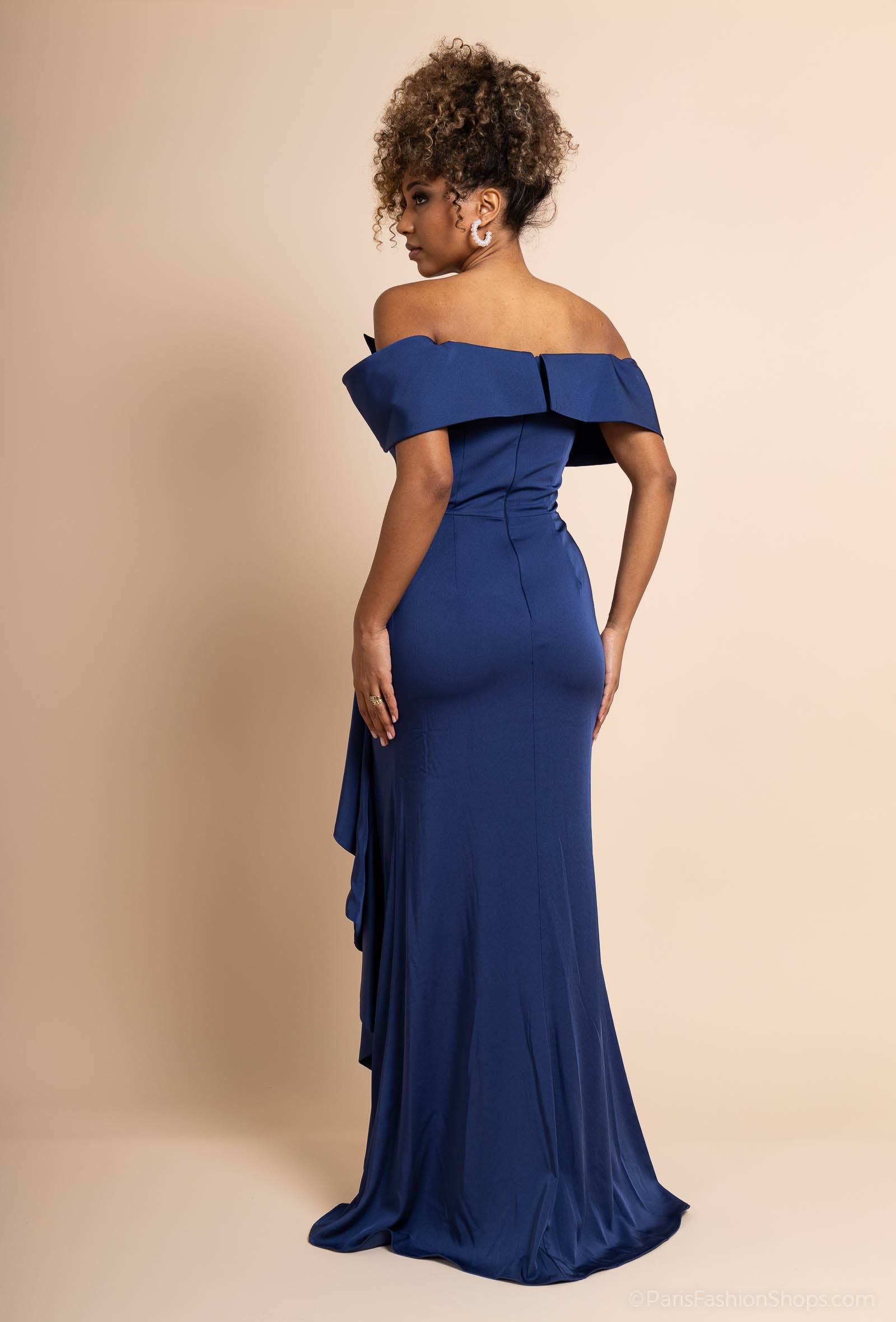 Promarried - Wholesale Gown - Women's - Navy blue draped sheath cut cocktail dress with slit8