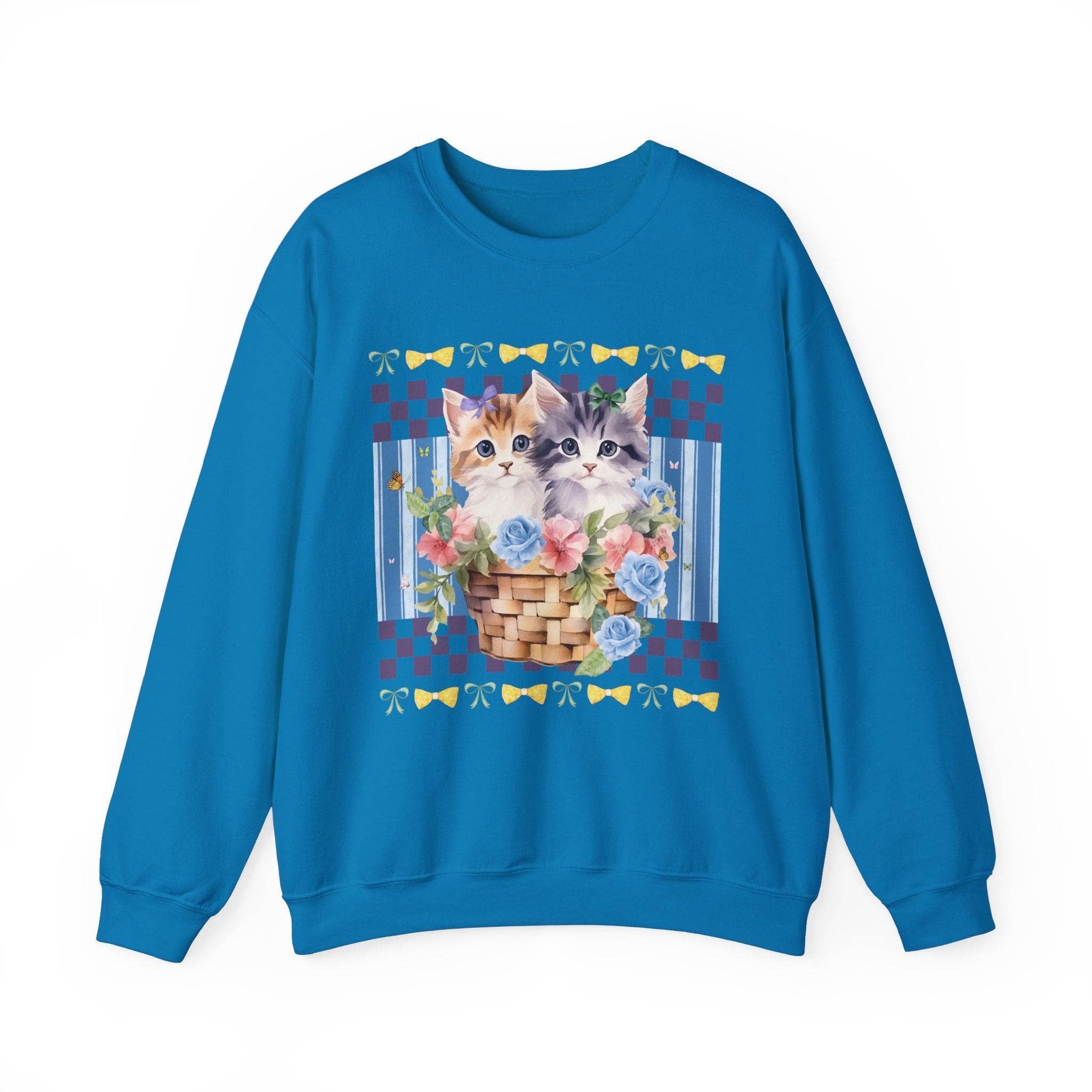 Opal and June - Wholesale Graphic Sweatshirt - Women's - Colorful Cat Mom Sweatshirt: Kittens in a Basket with Flower4