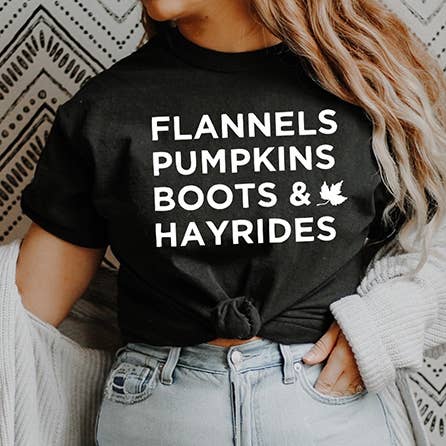 Zoe Creative Co - Vendita all'ingrosso Maglietta serigrafata - Donna - Flannels Pumpkins Boots Hayrides T-Shirt Autunno Camicia Ottobre4