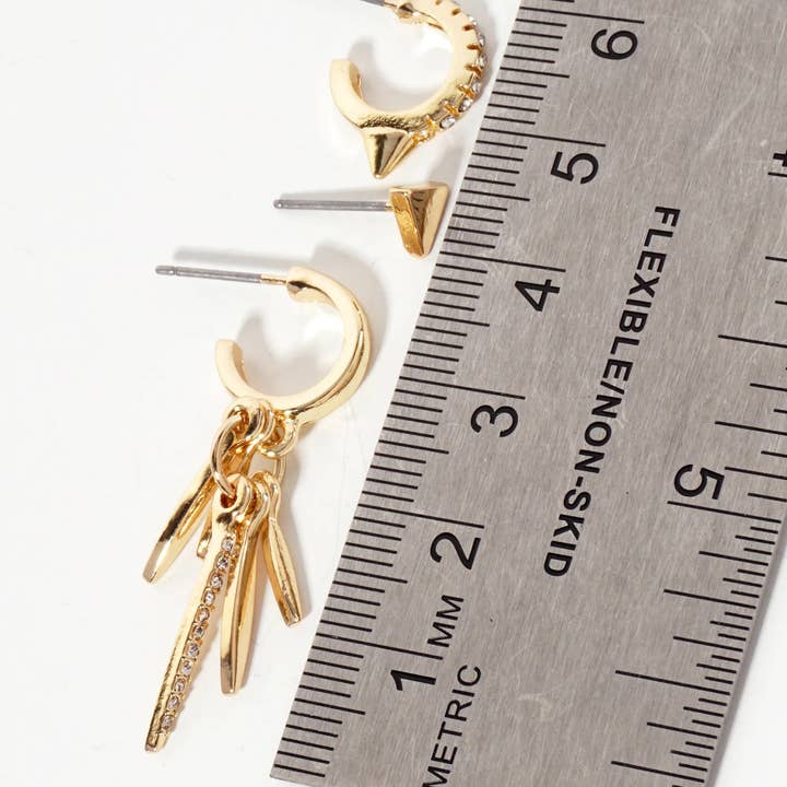 Wild Honey - Wholesale Jewelry Set - 3PC-Set Crystal-Pave Polished Metal Huggie Hoop Stud Earrings