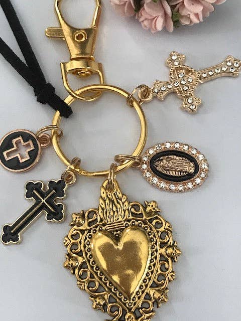 Miss DJ Angel - Wholesale Keychain - Women's - Virgin Mary keychain with sacred heart and cross, gift for virgin mother, miraculous medal virgin charm, ex-voto keychain1