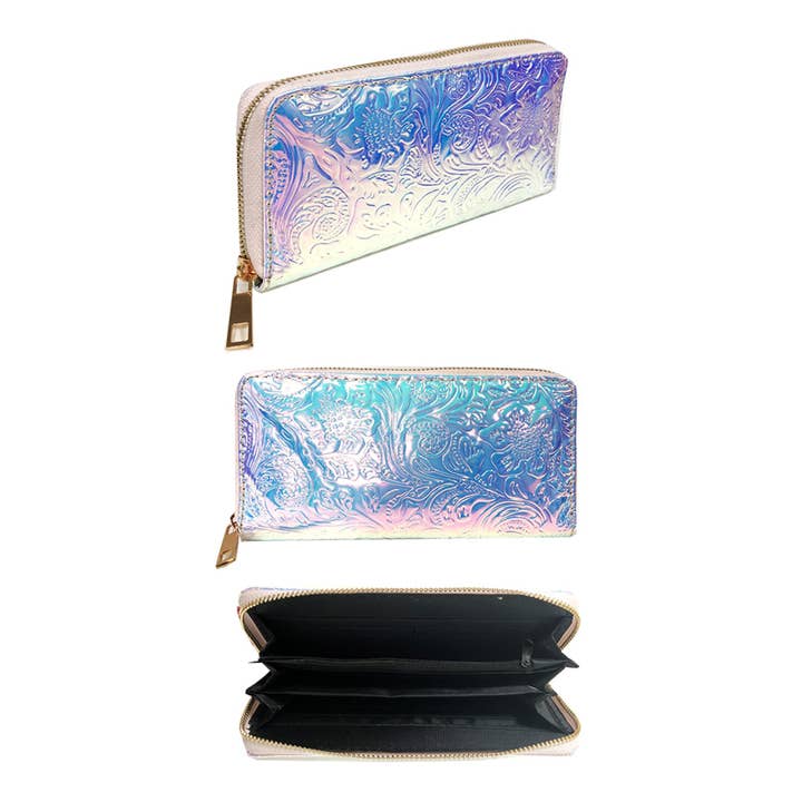 Cap Zone - Wholesale Portemonnee - Dames - Iriserende reflecterende portemonnee met bloemenreliëf