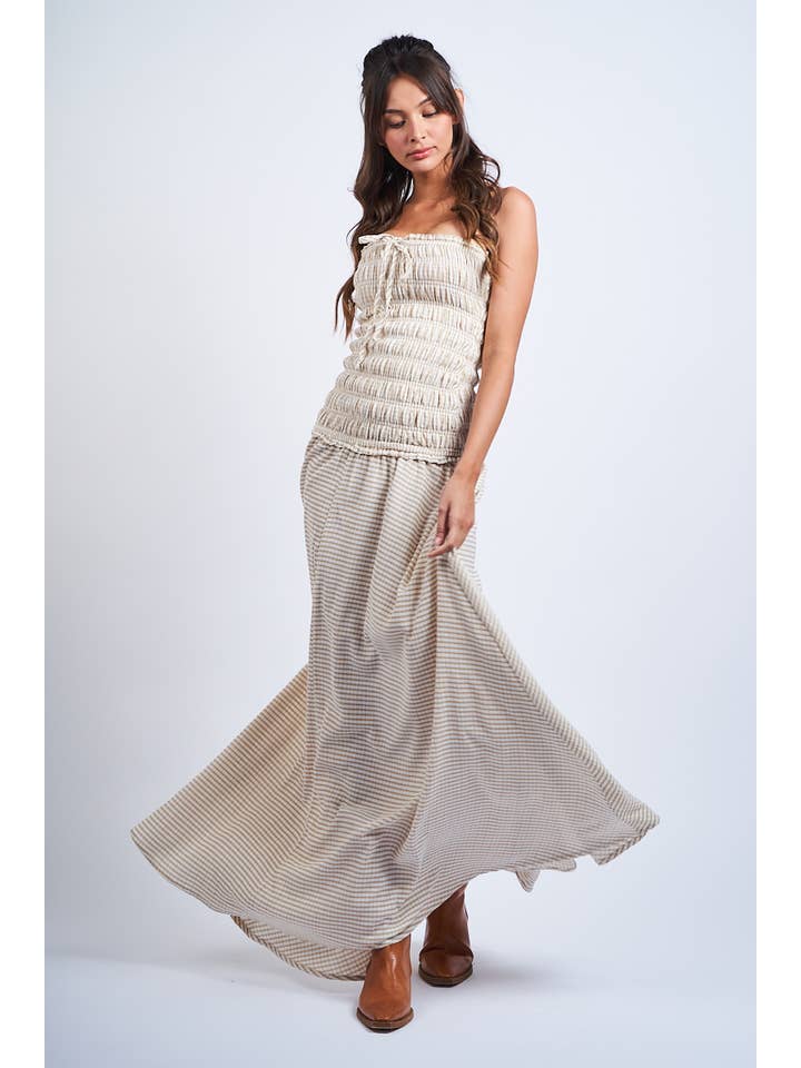 Sky to Moon - Wholesale Dress - Women's - PALE CHECKER SMOCKED BODY RUFFLE TUBE MAXI DRESS