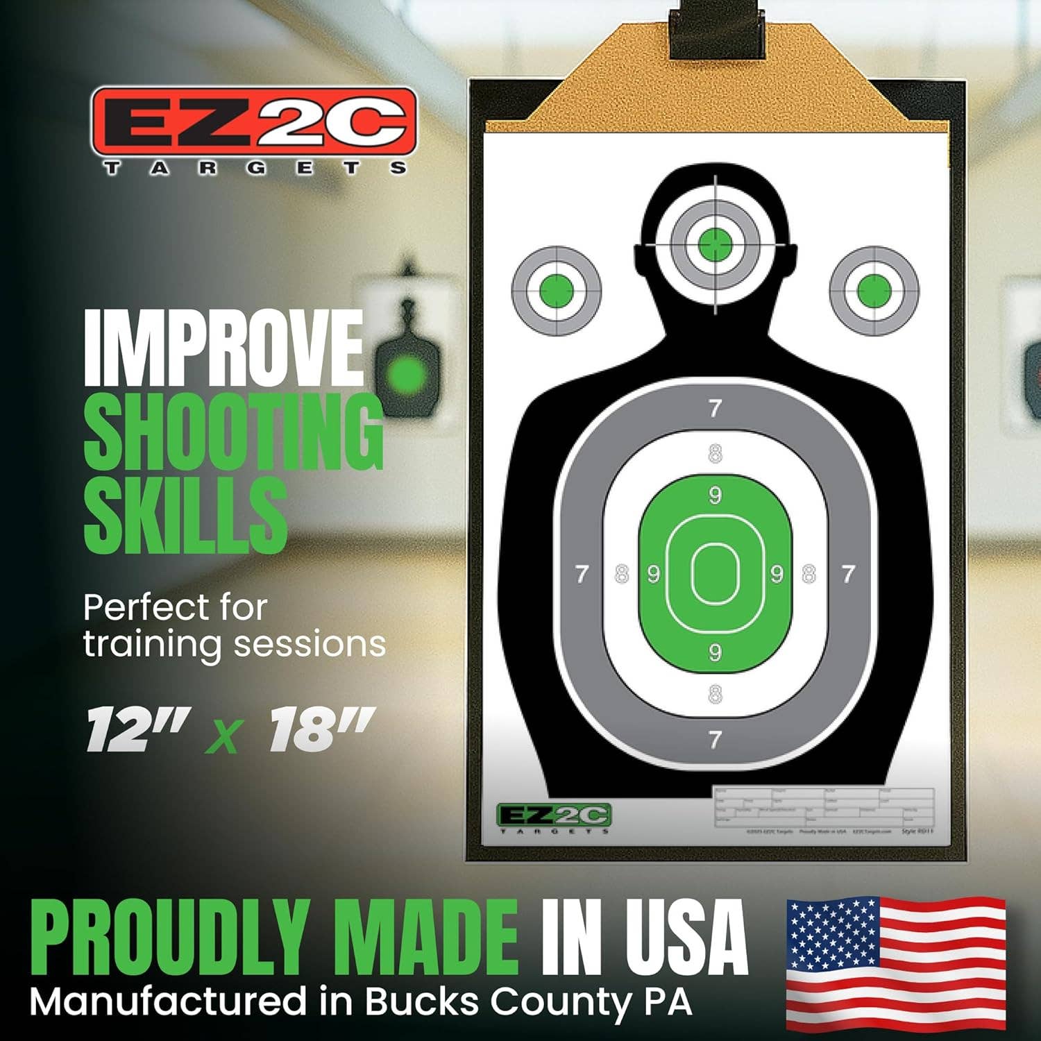 EZ2C Targets - Vente Accessoires de sport - Cible de tir silhouette verte EZ2C 12"x18", cibles en papier de qualité supérieure pour stand de tir, cadeaux pour armes à feu fabriqués aux États-Unis.4