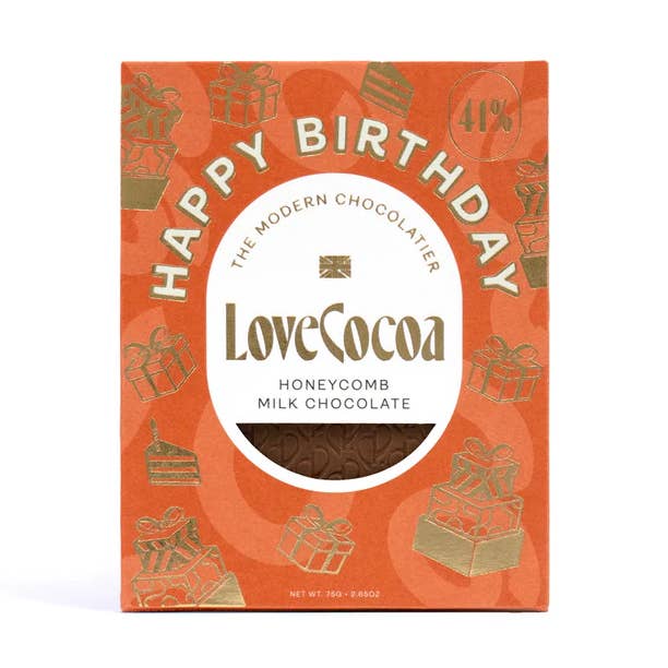 Love Cocoa & H!P [No duties when shipping to US!] – wholesale Chocolate bar – 'Happy Birthday' Honeycomb Milk Choc Bar0