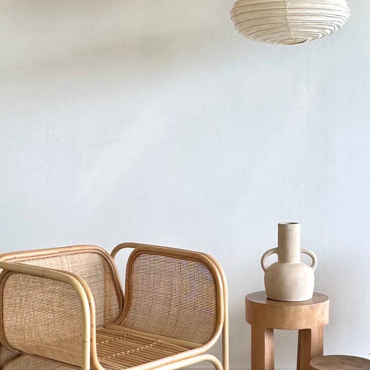 Office Objets - Wholesale Chandelier/Hanging Light - Average Japanese-style oval flattened pendant in rattan and natural linen H30 D4520