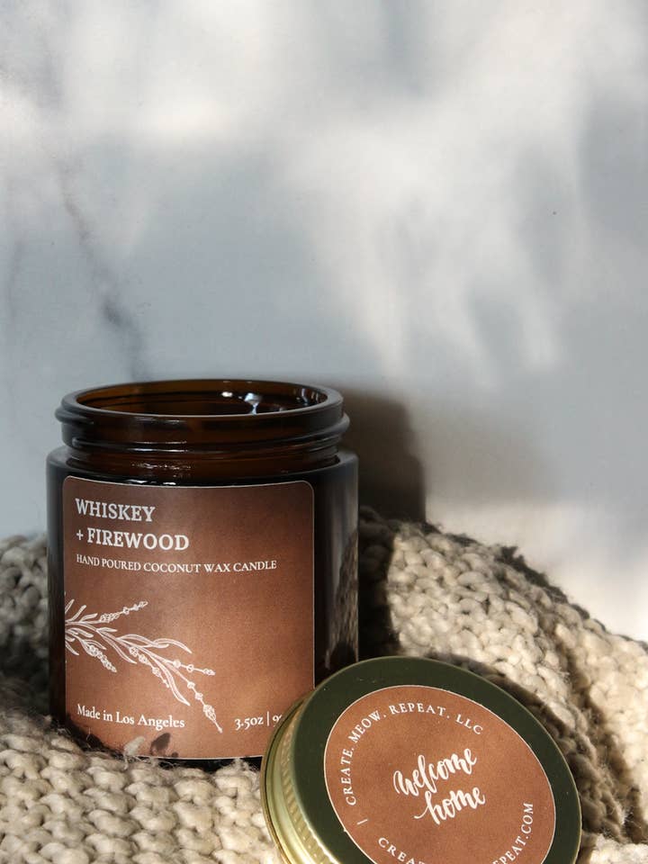 Whiskey + Firewood - coconut wax candle for wholesale by Create. Meow. Repeat. LLC
