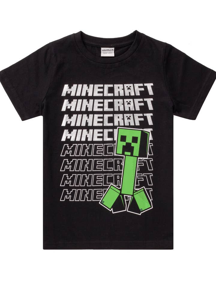 T-shirt à manches courtes noir pour garçons Minecraft avec imprimé Creeper et logo. pour la vente par Vanilla Underground