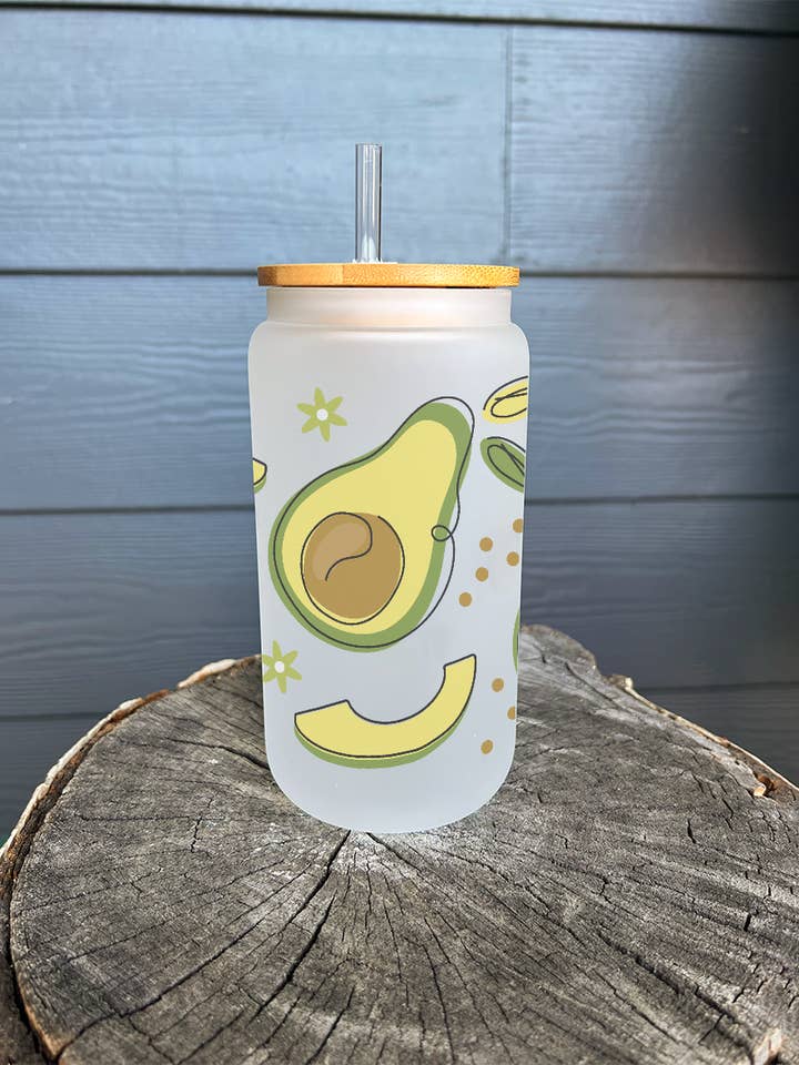 16oz Frosted Iced Coffee Glass with Lid and Straw for wholesale by Lester Lou’s Designs