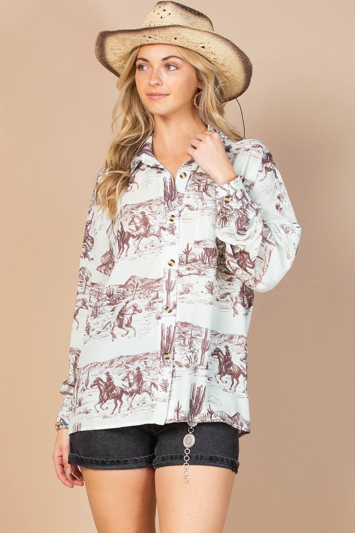 LIGHT PISTACHIO BROWN AV1263-JANE WESTERN PRINT BUTTON DOWN WOVEN SHIRT for wholesale on Faire4