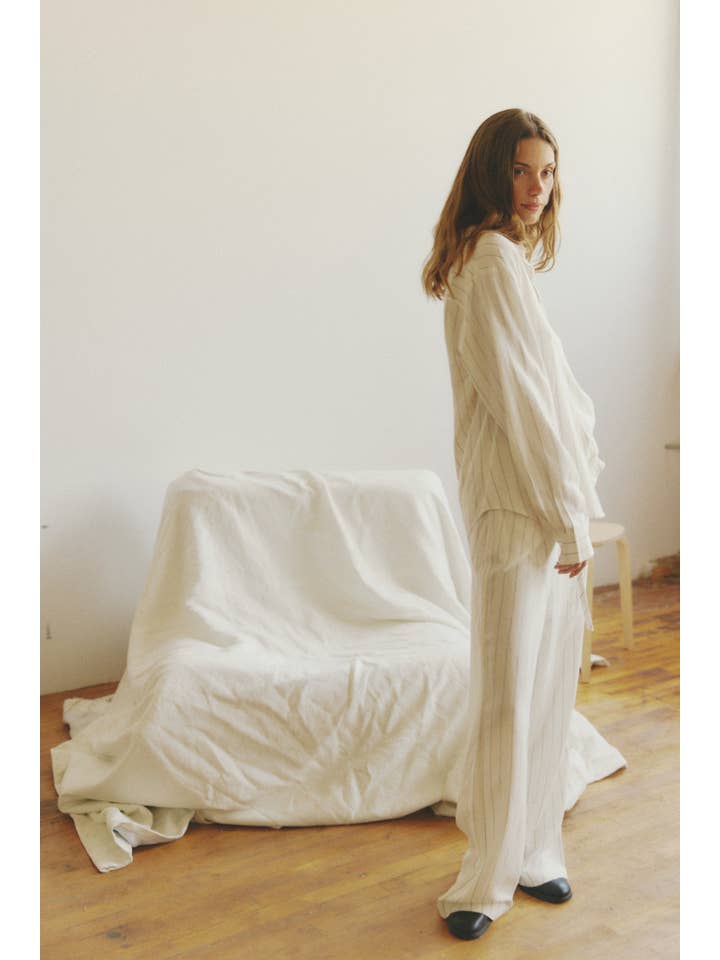 WHITE The Raquel Top | Pinstripe Linen Blend Button-Down Shirt for wholesale on Faire