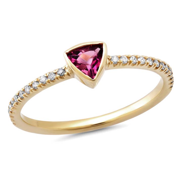 Anillo Delgado de Diamantes de Oro Amarillo de 14K con Borde de Cuchillo y Piedra Preciosa: Turmalina Rosa para venta al por mayor de Elliot Young Fine Jewelry