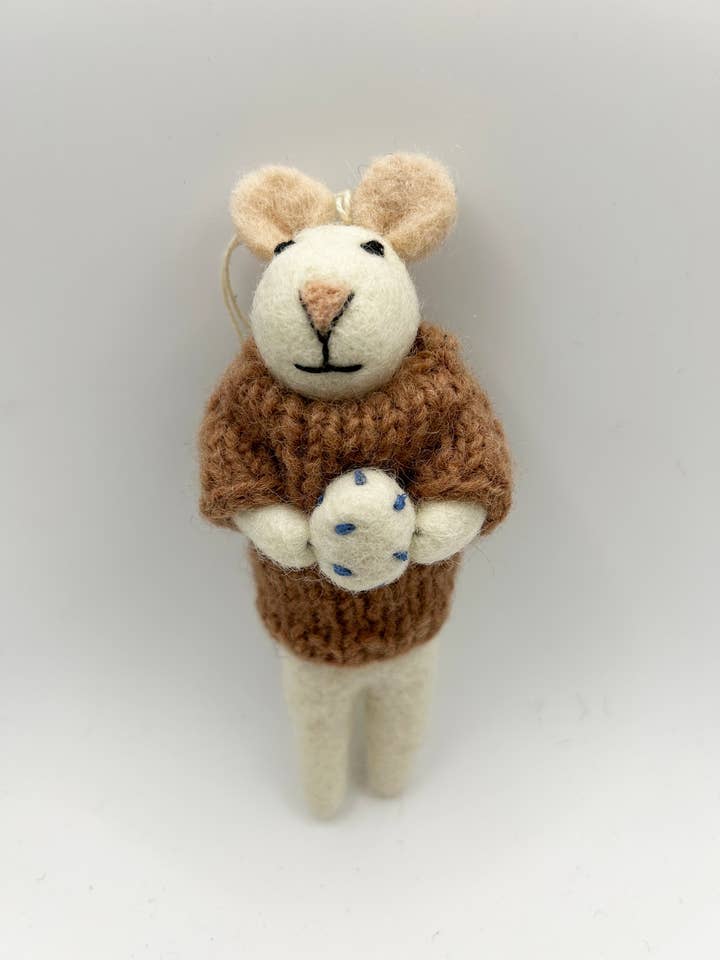 Handmade Felted Wool "Easter Mouse Basil w Egg" ornament for wholesale by cerruti home