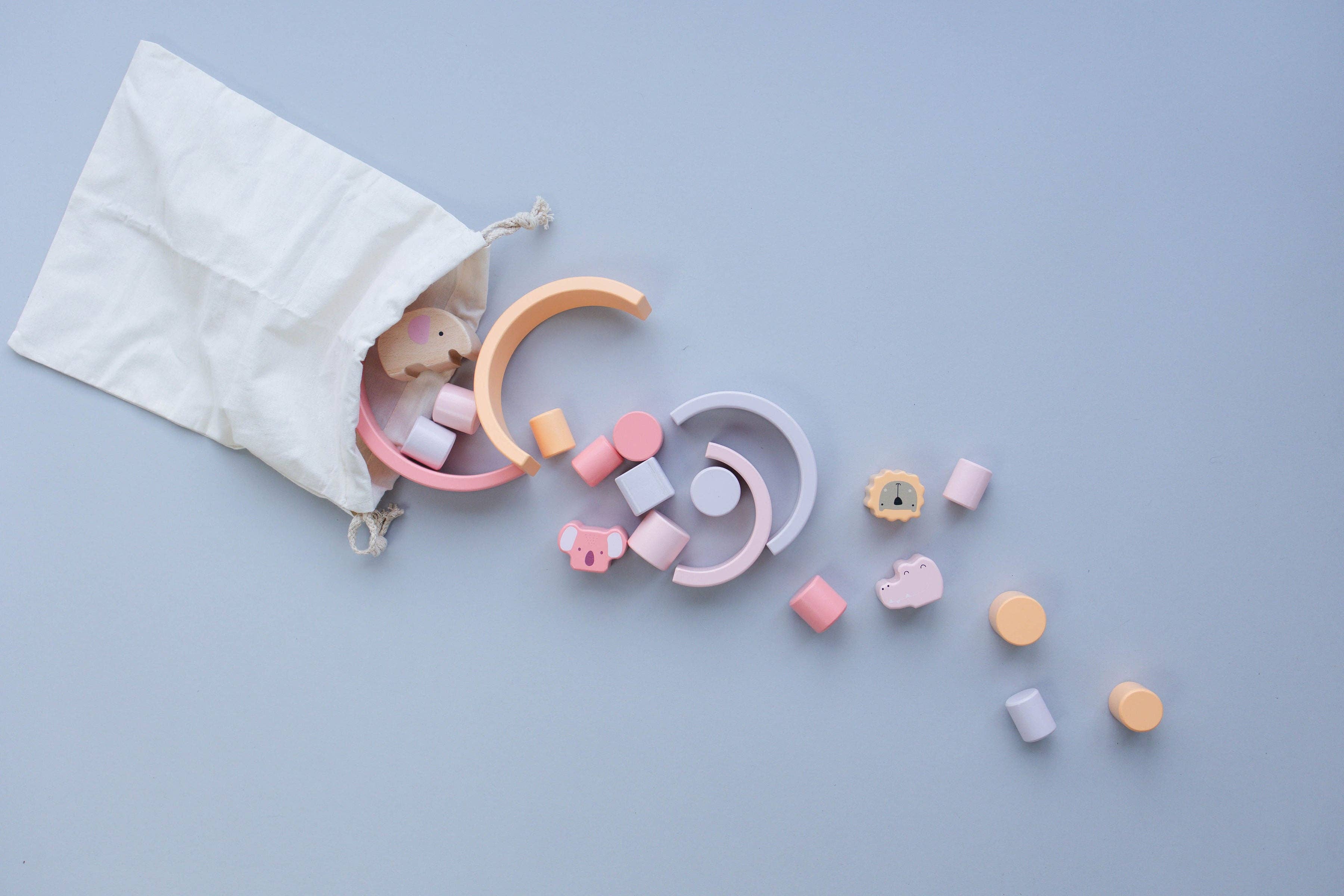 Spirit 'N Sprout - Wholesale Stacking Rings Game - Baby - Pink Animal Stacking Set - 21 Pieces included with Storage Bag - Wooden Rainbow Stacker Gift for Girls11