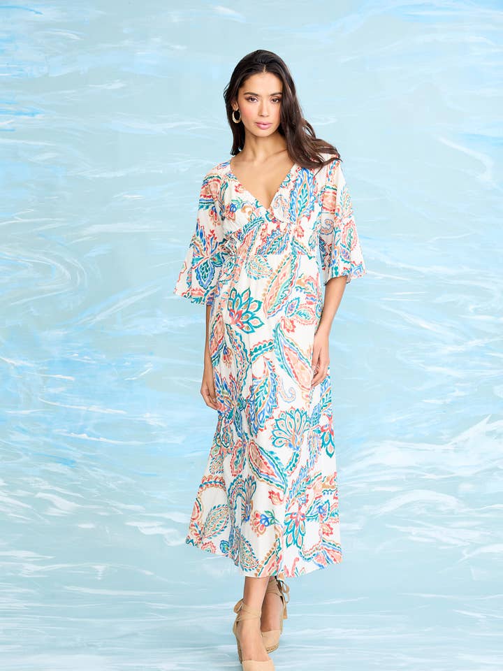 MAXI V-NECK DRESS WITH WIDE 3/4 SLEEVES for wholesale by Maggy London Group