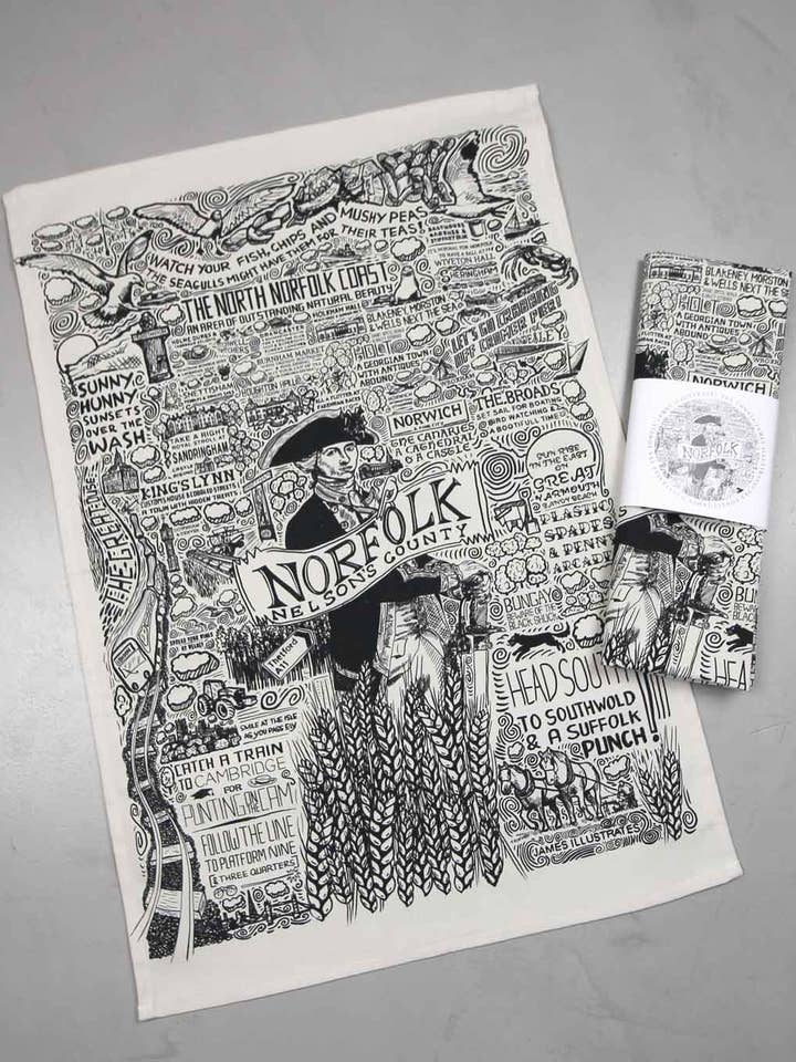 Norfolk heavy cotton tea towel with hand-drawn map for wholesale by James Illustrates