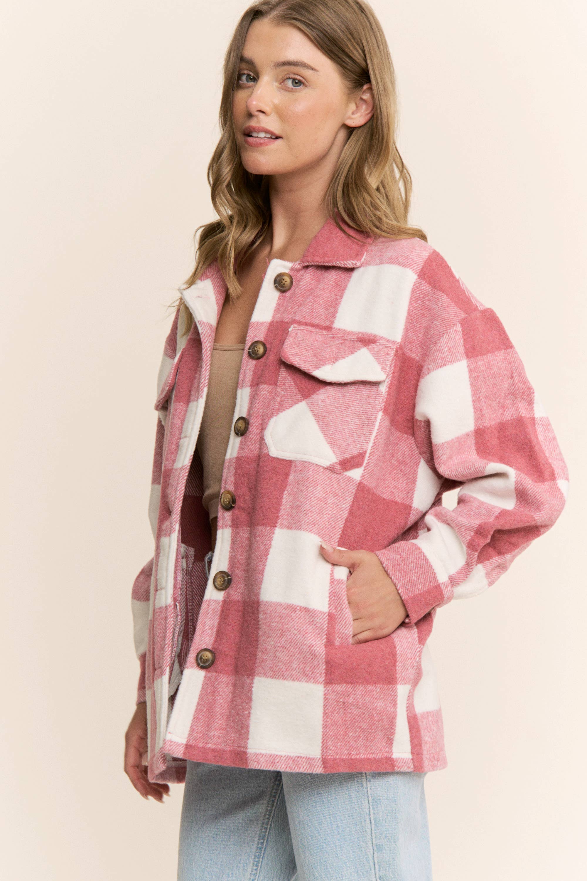 Sweet Generis - Wholesale Shirt Jacket/Shacket - Women's - FUZZY PLAID BUTTON DOWN FLANNEL SHIRT JACKET51
